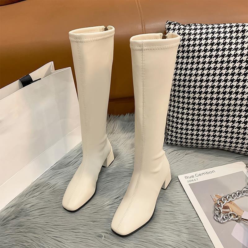 Maogu Damen Damen Gummischuhe Sexy Quadratischer Absatz Oberschenkelhohe High Heels 2025 Luxus Winter Stiefel mit Absatz Neue Schwarze Knielange Stiefel