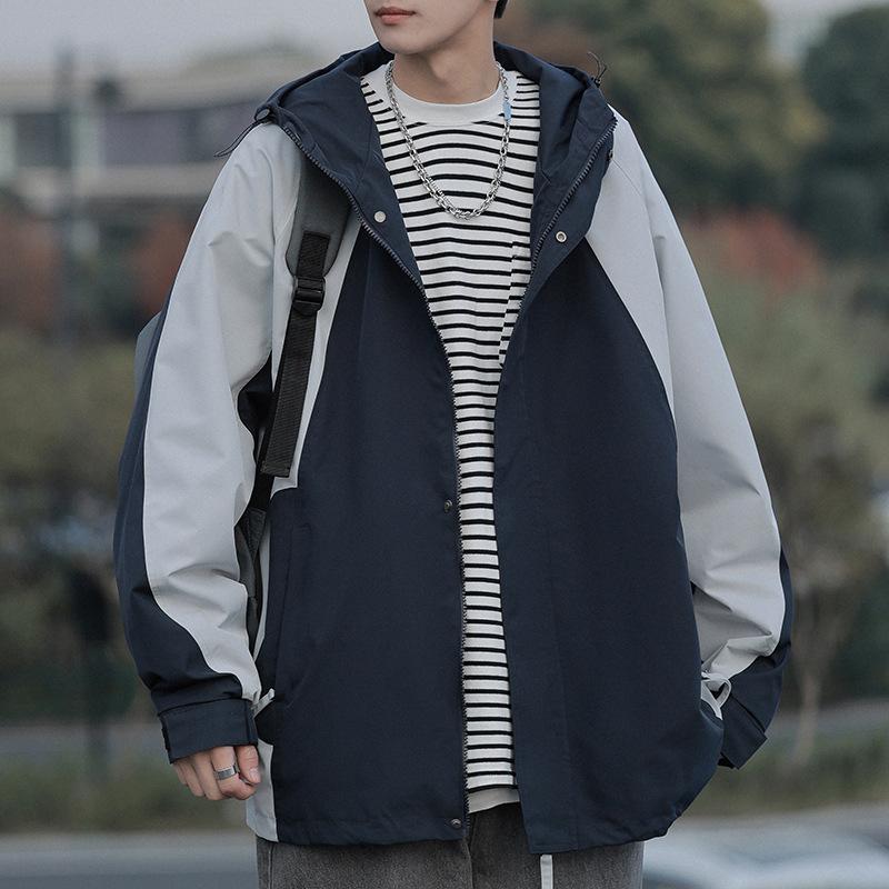 Coat Men's Autumn New Hooded Trendy Tooling Jacket Color Matching Casual Loose Jacket On Clothes