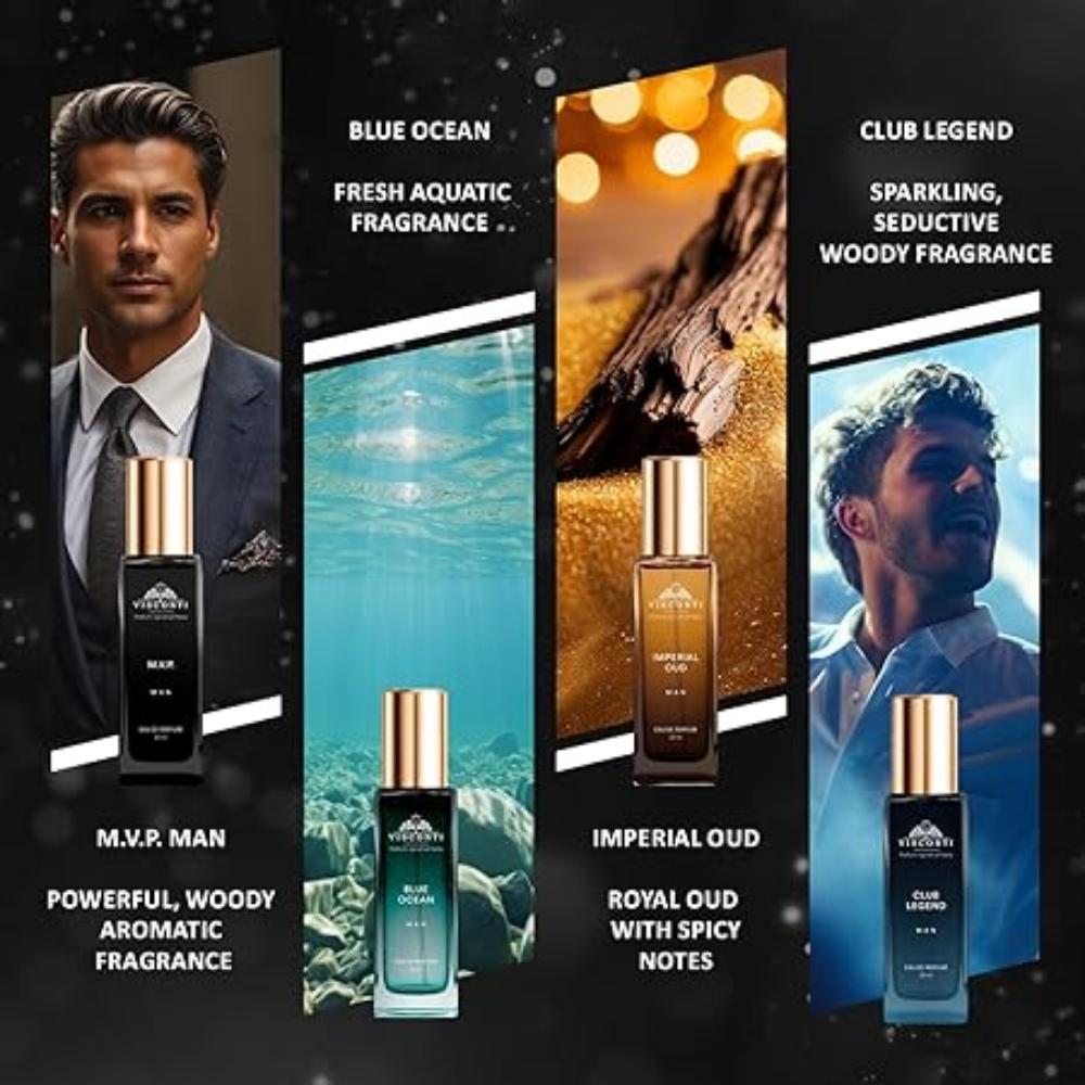 Perfume For Men Gift Pack of 4 X 20 ML Eau De PERFUME and Anti-Stain Perfumes Gift Set for Men Blue Ocean, Club Legend, Imperial Oud and M.V.P. Man