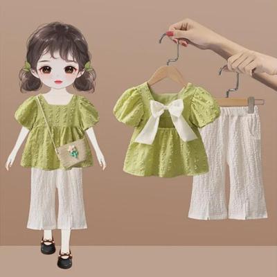Summer 2023 Kids' Korean-Style Puff Sleeve Top & Cropped Pants Two-Piece Set for Girls