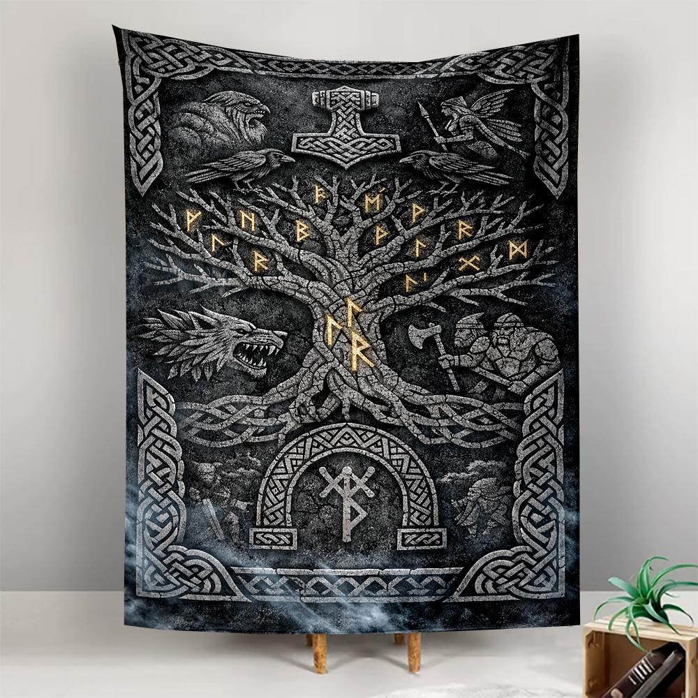 Tapestry Norse Viking Yggdrasil Tree Of Life Runes Mjollnir Stone Carving Mythic Wall Hanging for Pagan Man Cave Decor
