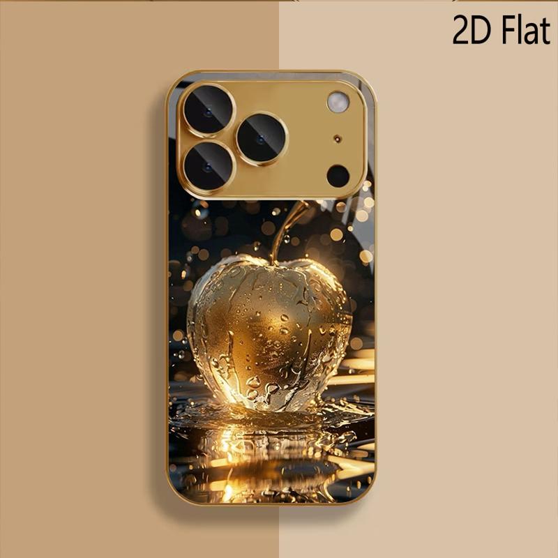 Golden Apple Patterned Tempered Glass Design for iPhone16 17 ProMax 1514 1312 11ProMax Phone Case Camera Cover Shockproof Hard B