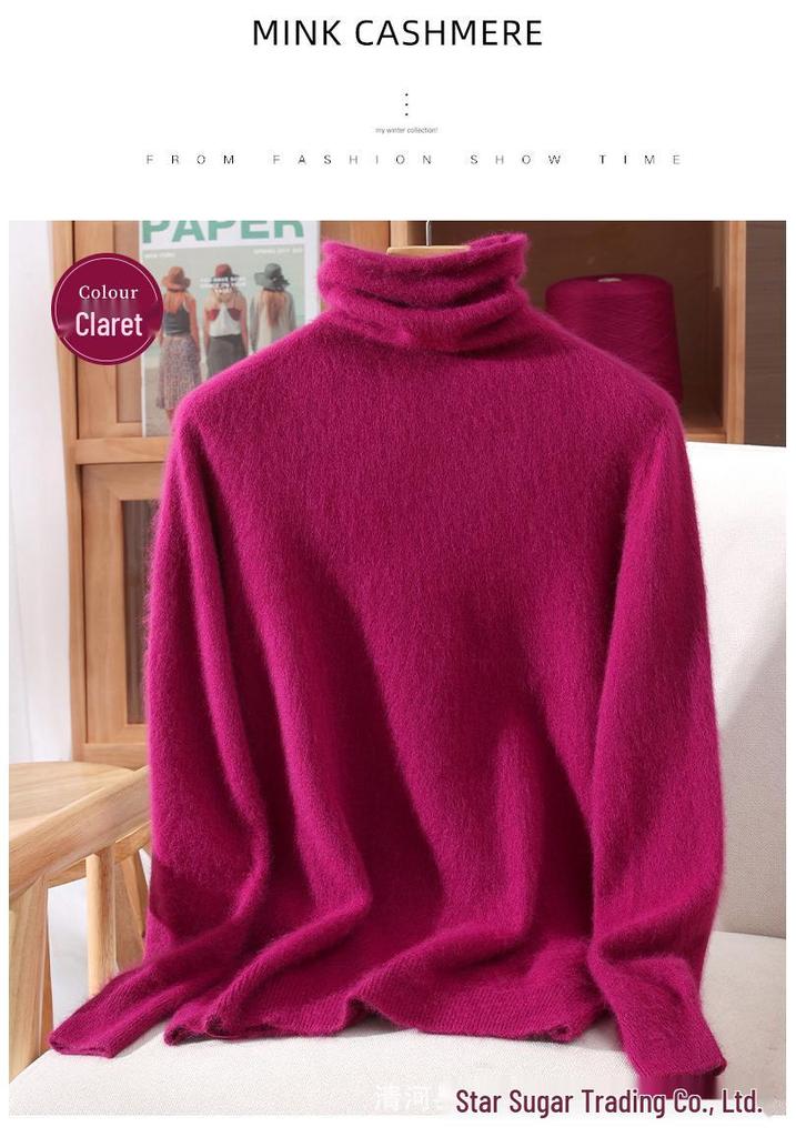 Mink Velvet Women's High Neck Rabbit Fur Knit Sweater, Slim Fit Cashmere Base Layer