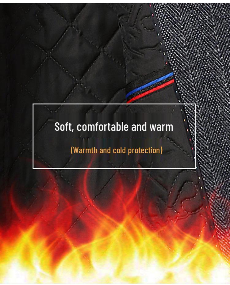 Men's Thickened Woolen Coat with Cotton Padding, Classic Striped Outerwear for Middle-Aged & Elderly, Dad's Style for Autumn/Winter.