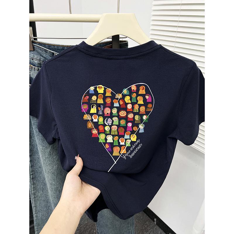 

2024 Summer Women s Petite Cartoon Print Round Neck Short Sleeve Korean Style Slimming Top S темно-синий