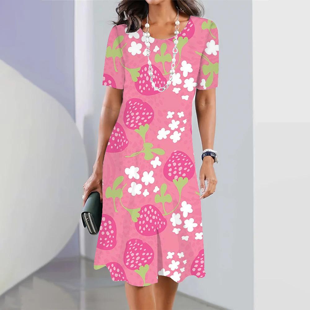 Cute Strawberry Printed Women's Long Dresses Summer Fashion Beach Wear Short Sleeves Hawaiian Style Maxi Dress For Lady Clothing