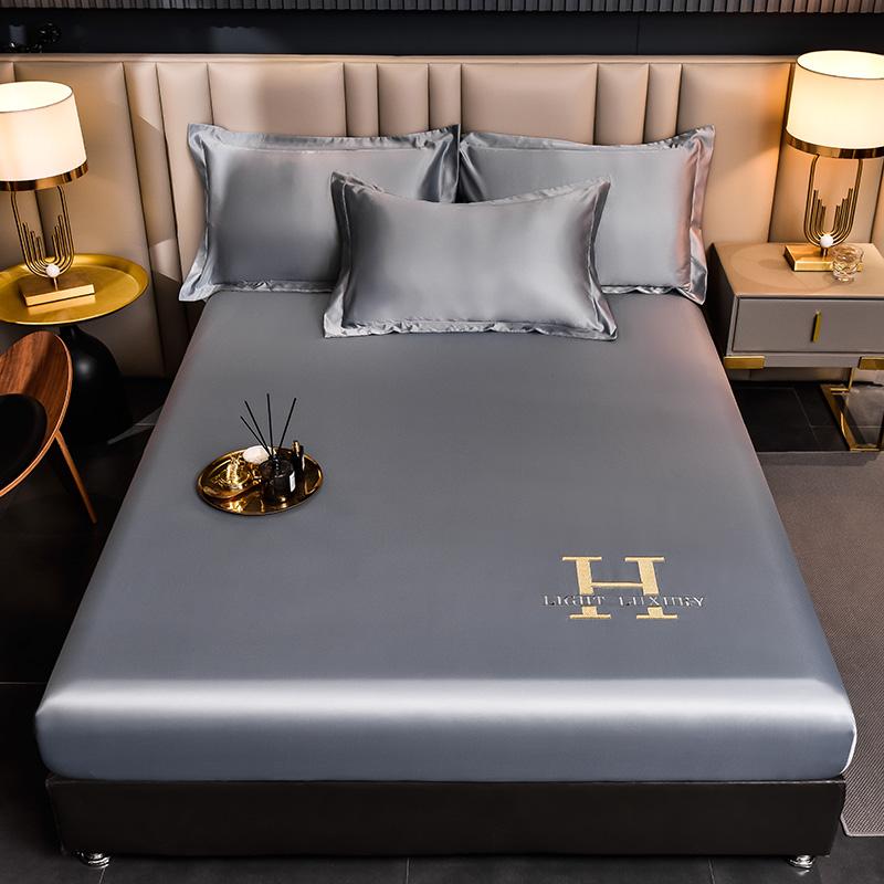 Luxury Satin Fitted Sheet Embroidered Solid Color Mattress Cover with Elastic Band Bed Sheet Bed Linen High-end Rayon Bedsheet