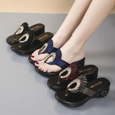 Fashion 2025Retro Ladies Summer New Platform Wedge Rhinestones Flip-flops Sandals Fashion Comfy High Thick Heel
