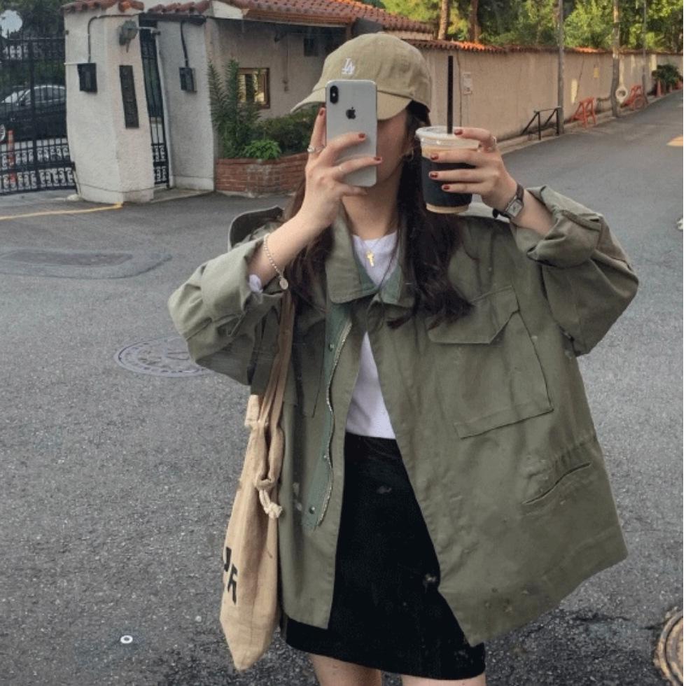 Korean Green Workwear Windbreaker: Women's Retro Petite Spring-Autumn Casual Short Loose Jacket