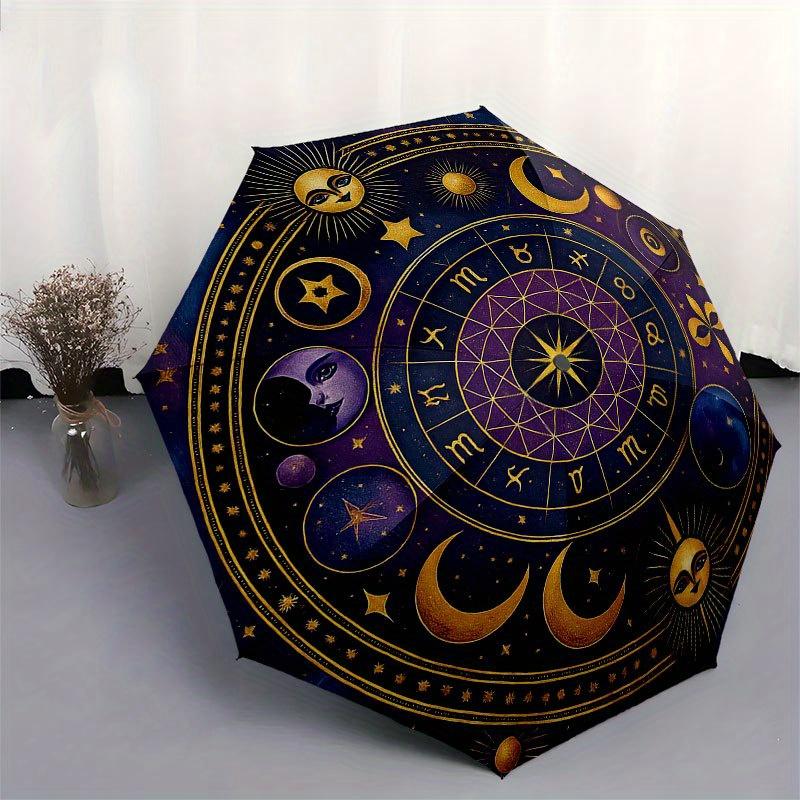 Astrological Wheel of the Zodiac: Celestial Symbols and Constellations Umbrella, Cute Umbrella with Cute Design, Portable 3-Fold Compact Umbrella for