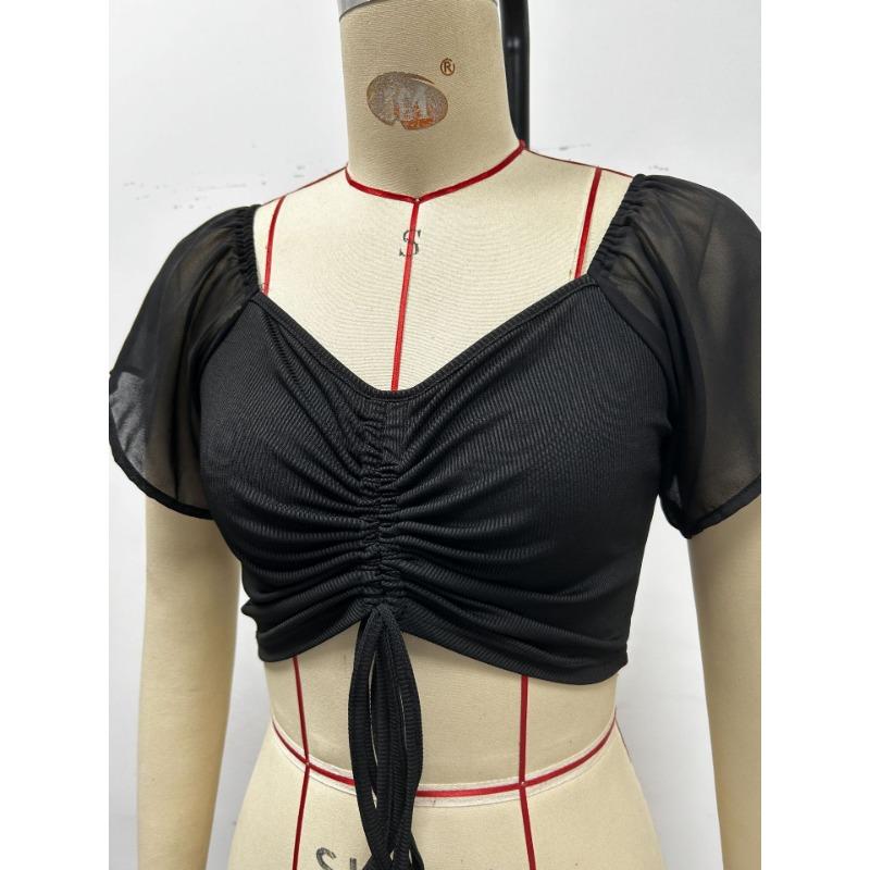 Sommer Temperament Kurzarm Chiffon Tief ausgeschnitten Sexy Kordelzug Schleife Slim Unterziehshirt