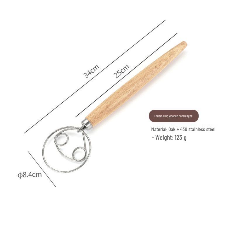 13" Oak Handle Danish Dough Mixer & Egg Beater - Stainless Steel Whisk Tool