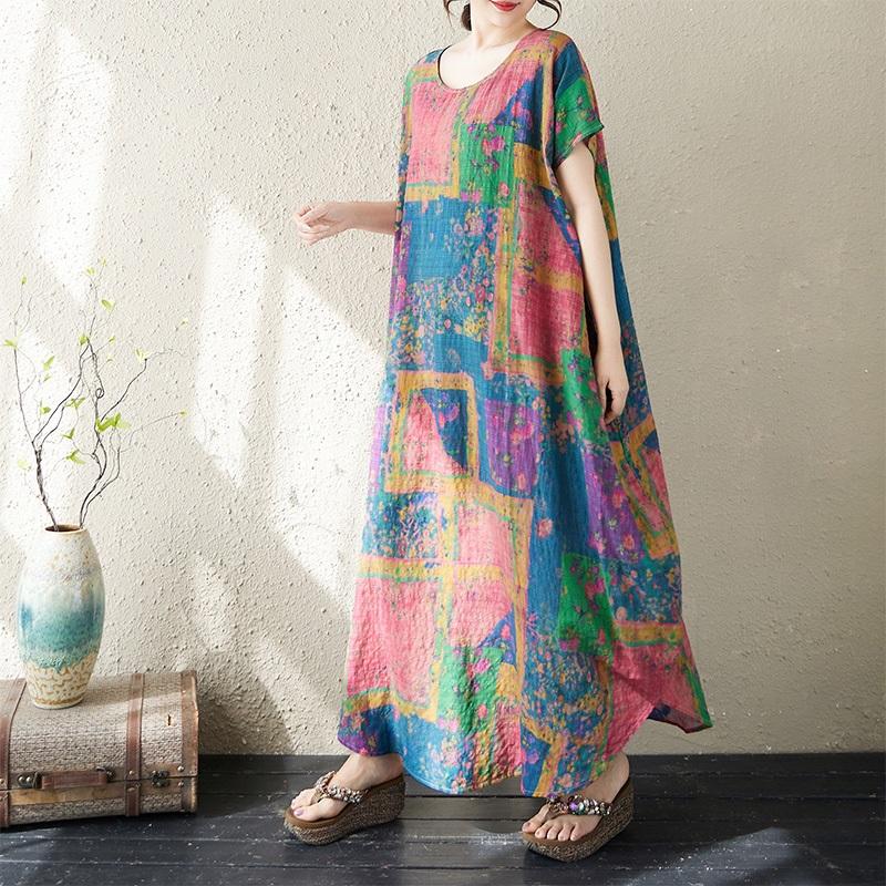 Kısa kollu Büyük beden Pamuklu vintage çiçekli yeni elbiseler kadınlar için rahat bol uzun yazlık elbise