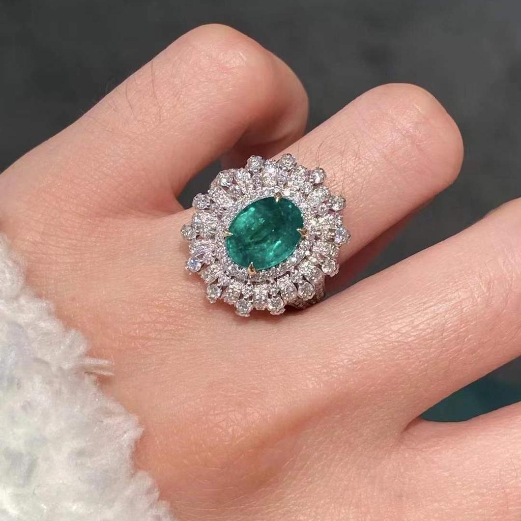 Xiancan Jewelry Oval Faceted Green Zircon Ring In 925 Silver with Multi-Layer Diamond Pave, European-American Style.