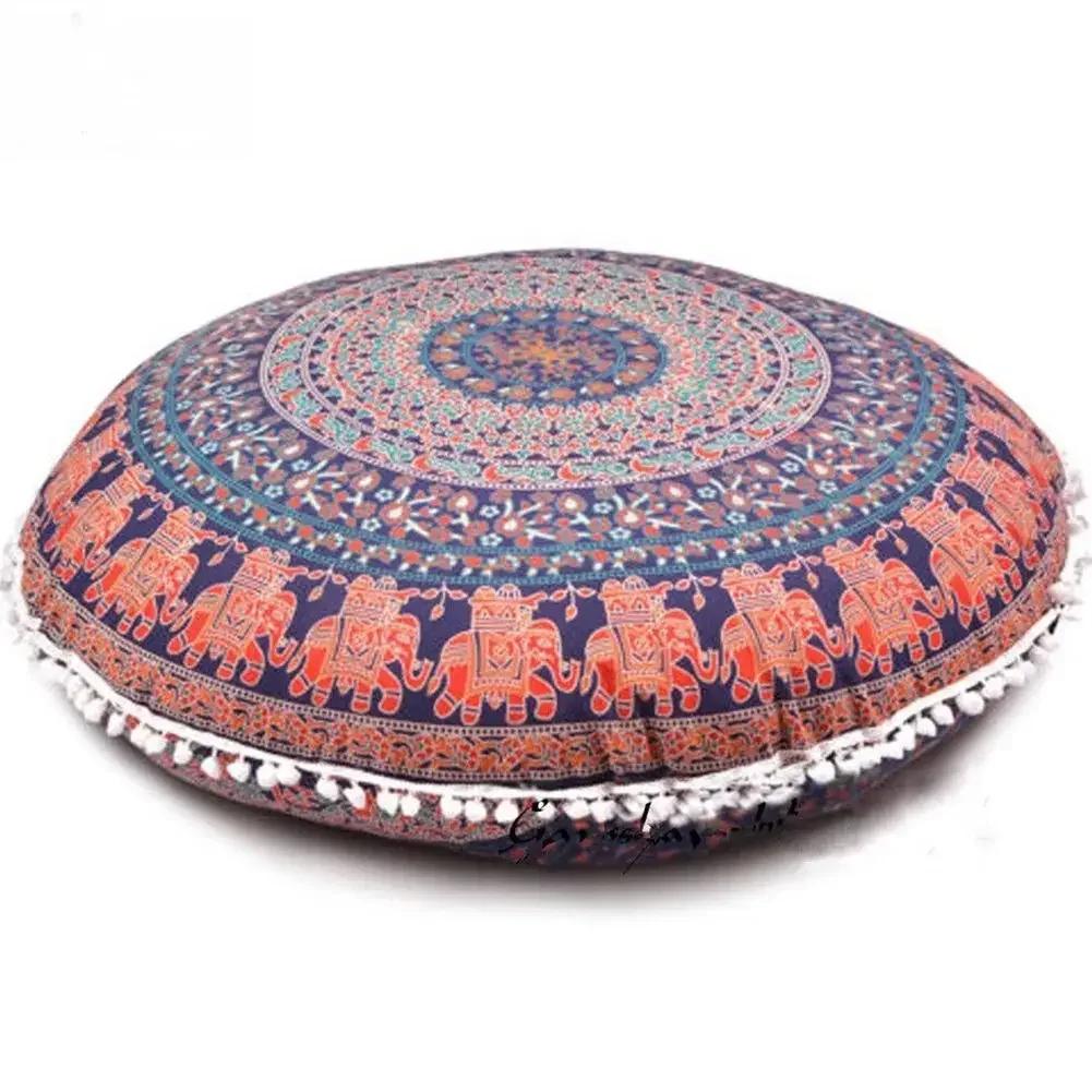 43CM Round Bohemian Mandala Pattern Pillowcase Indian Elephant Printed Cushion Cover Boho Meditation Floor Pillows Case