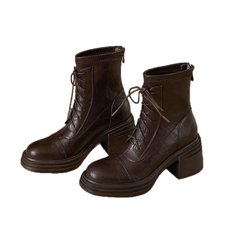 Spot silent low | thick heel 7cm strap skinny boots rear zipper thick-soled elastic boots splicing short boots girls