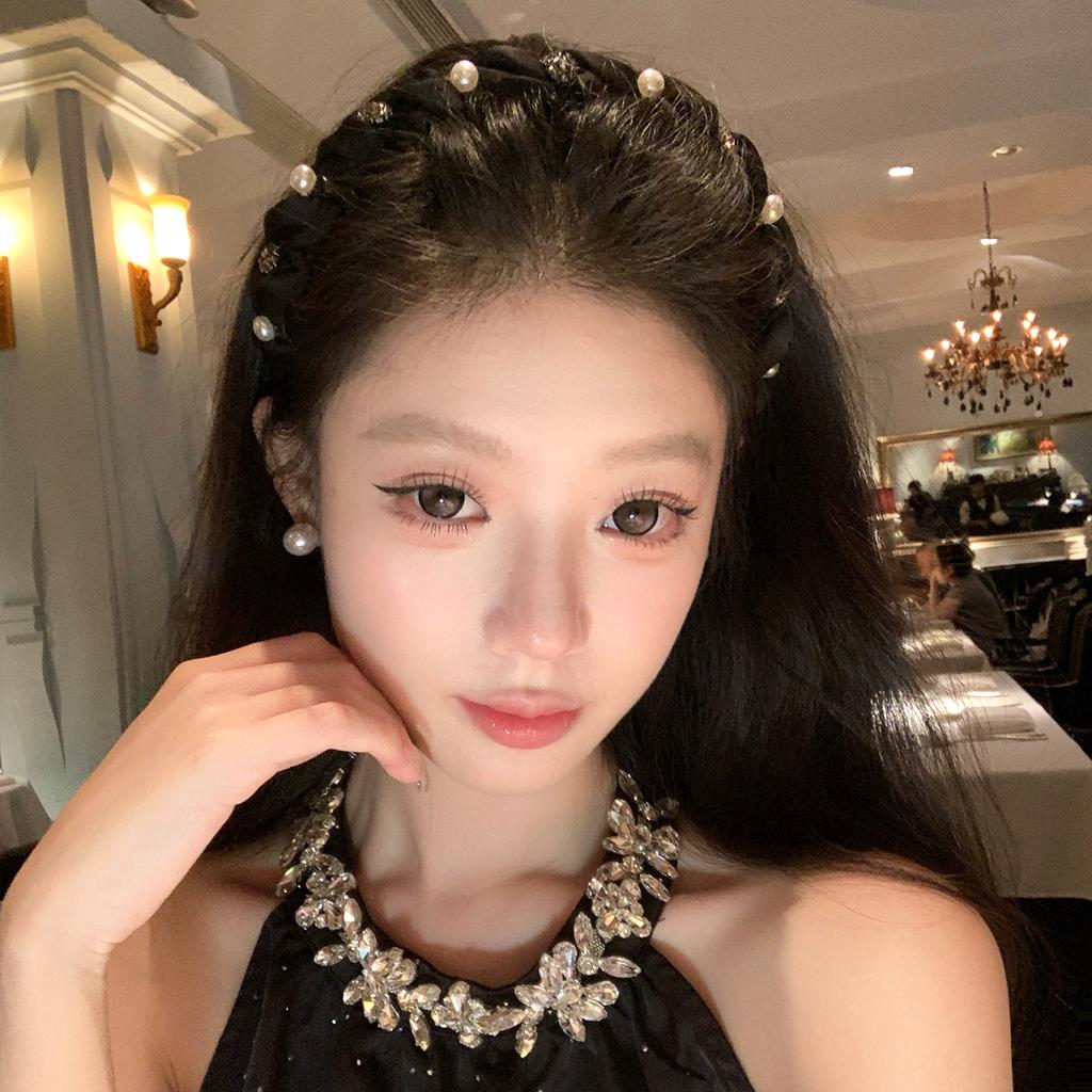 Women French Sparkling Pearl Wavy Headband, High Skull Top Toothed Hair Band, Non-slip External Wear Pressure-Reducing Hair Accessory