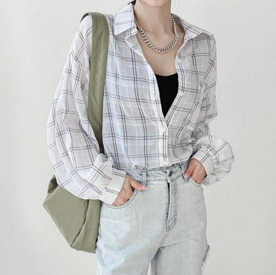 Korean Style Loose Plaid Long Sleeve Shirt - Women's Fashionable Sun Protection Top