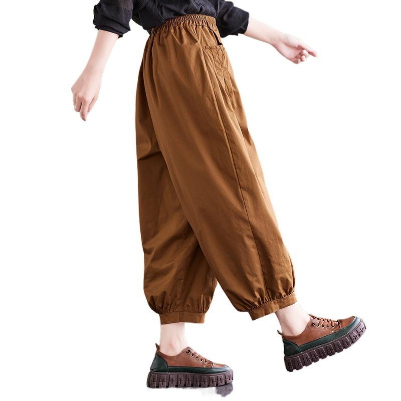 Summer New Literary and Retro Loose and Thin Closed Straight-leg Pants Elastic Waist Nine-point Pants Women