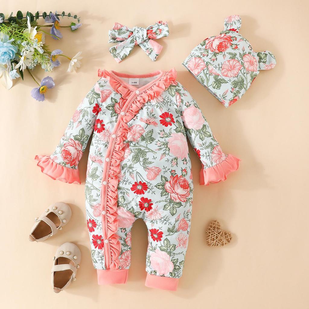 Adorable Baby Floral Flare Sleeve Jumpsuit with Hat & Headband (0-1Y)