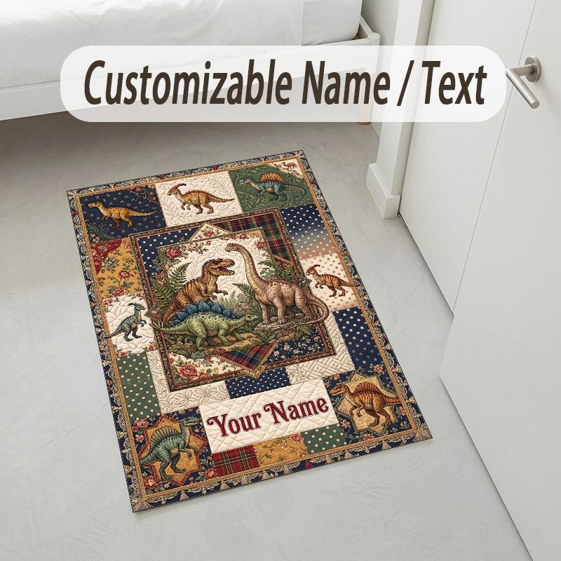 Dinosaur Theme Crystal Velvet Rug Personalized Custom Name Text Soft Floor Mat Home Decor
