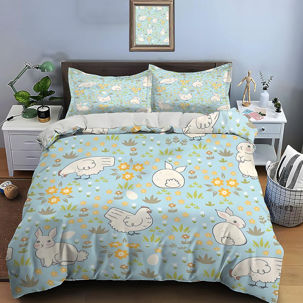 Cartoon Rabbits And Hens Pattern Print Bedding Set 1 Duvet Cover 2 Pillowcases For Adult And Children Luxury Gift Full Size