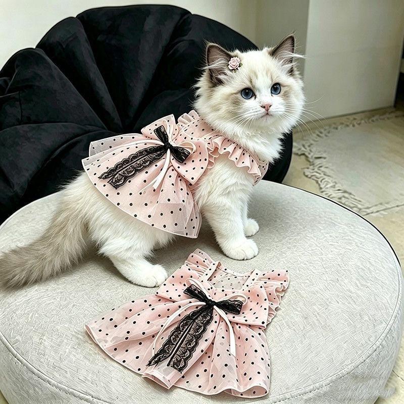 Breathable Sun Protection Princess Dress Cats - Polka Dot Pet Clothing Golden Tabby Orange
