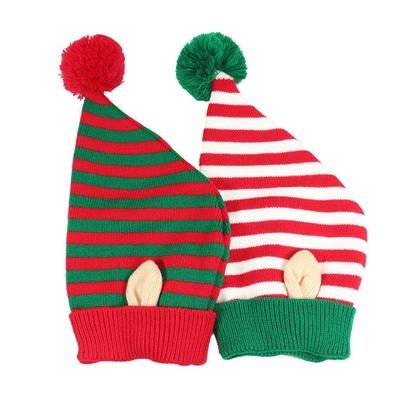 Chapéu de Natal com Padrão Listrado Jacquard Bola de Lã com Orelhinhas Pequenas Decoração de Gorro de Natal Chapéu de Tricô Festivo Inverno
