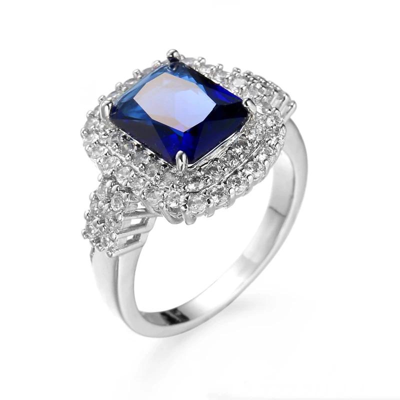 2025 Ny Mode Design Blå Stor Zirkon CZ Zirkonia Stenringar i Sterling Silver för Kvinnor Förlovning Fest Gåva