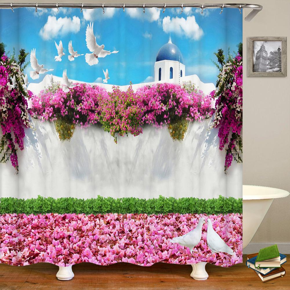3D Beautiful colorful flower landscape printing bathroom waterproof shower curtain polyester curtain home decoration curtain