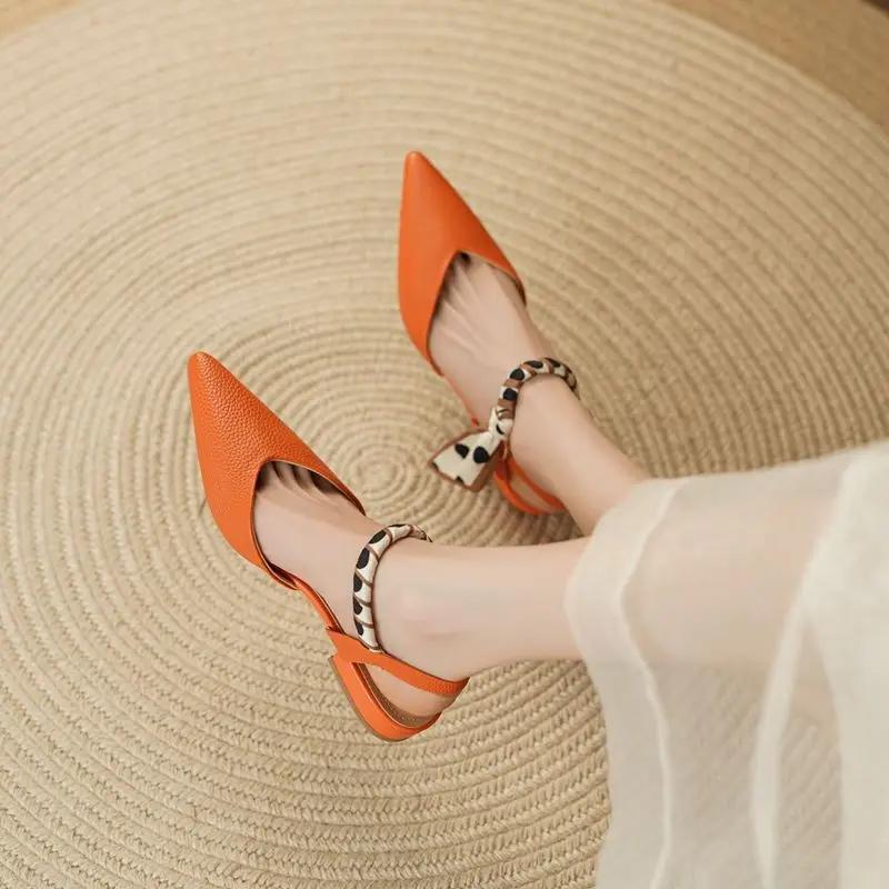 Fashion Summer 2024 Sandals for Women Office Work Outdoor Leather Pointed Toe Flat Rubber Buckles with Low Heels White No Heel Footwear