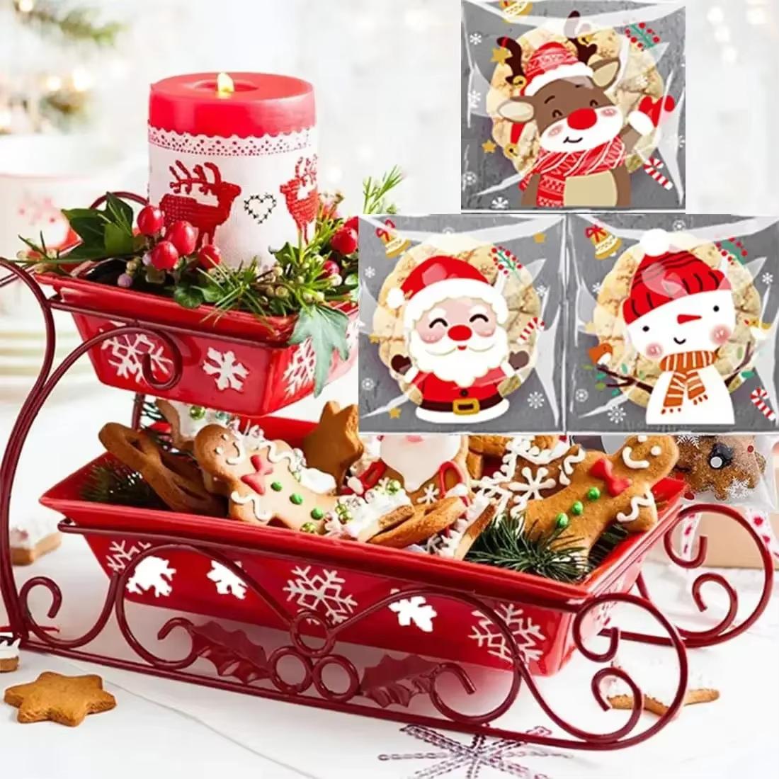 

100/200 шт. Рождественские праздничные целлофановые пакеты для угощений, одноразовые пластиковые самоклеящиеся пакеты для печенья для праздничных конфет, выпечки 100pcs