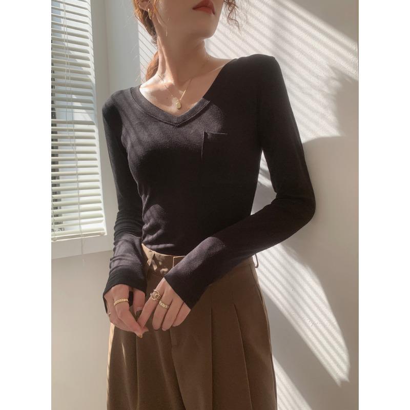 Women Simple Solid V Neck Slim Fit Long Sleeve Inner T Shirt Top