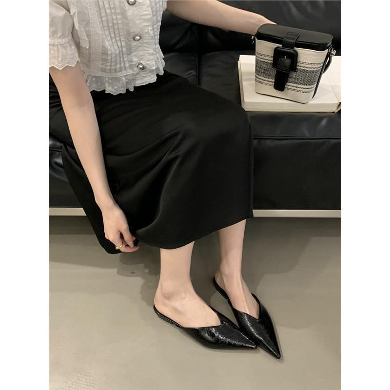 

New outer wear flat bottom pointed half slippers women s shallow mouth with skirt slippers women s bag head slippers 35 чорний