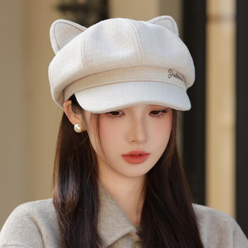 Hat Autumn and Winter Women's Cute Embroidered Letters Cat Ears Beret Painter Hat