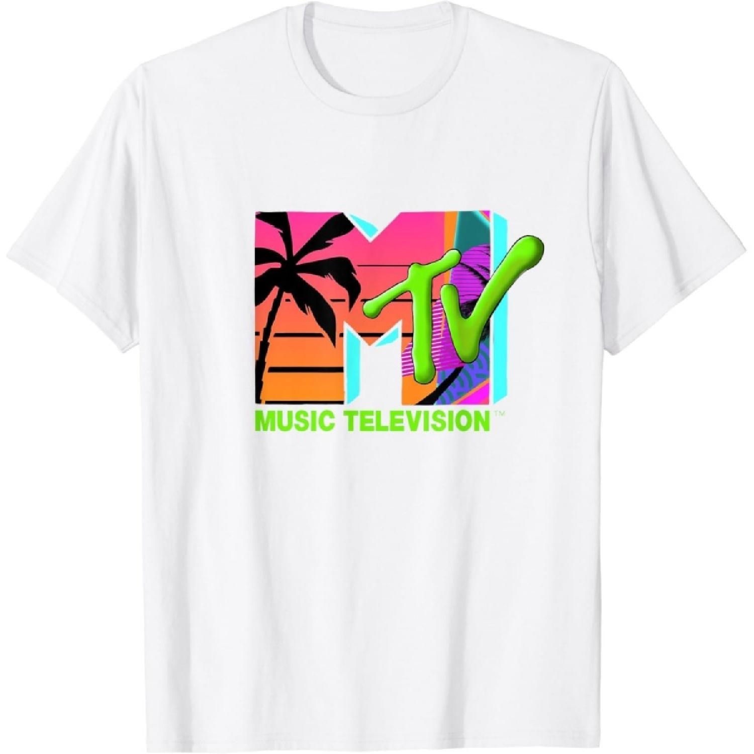 EYHOOKE MTV - The Official MTV Logo with Retro Palms in Paradise T-Shirt S