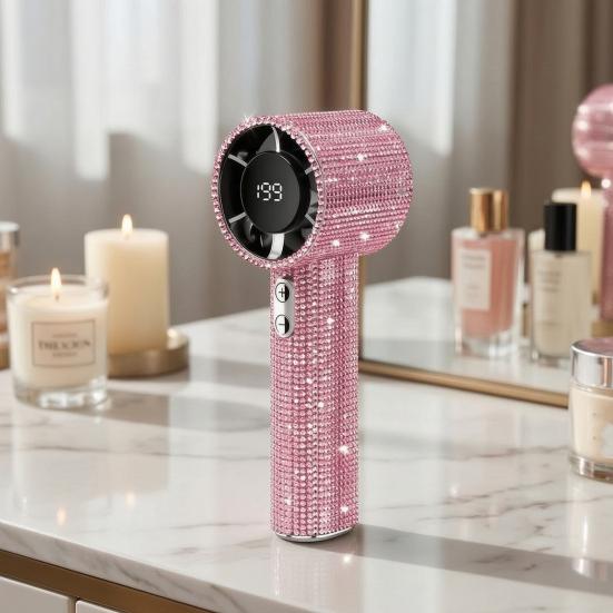 Rhinestone Handheld Fan with Digital Display Turbo High Speed Portable Mini Fan Quiet
