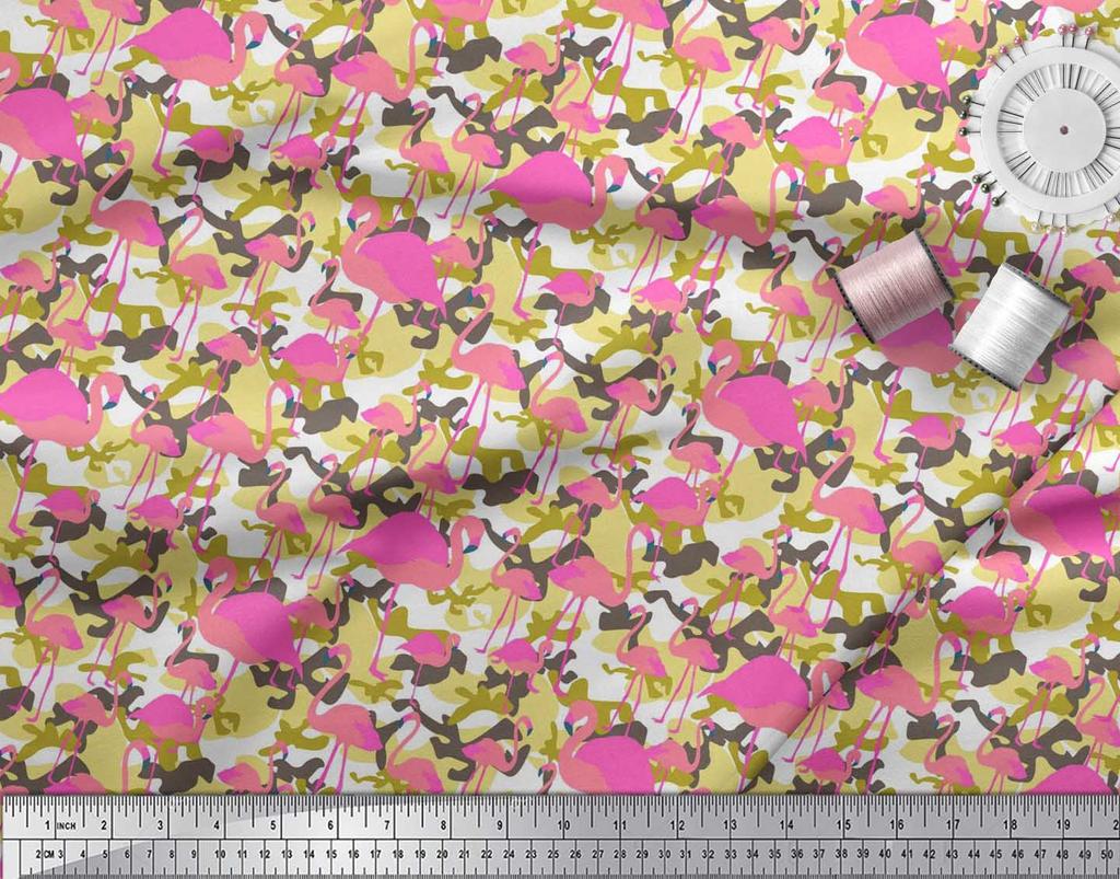 Soimoi Japan Crepe Satin Fabric Camouflage Texture & Flamingo Bird Printed Craft Fabric by the Metre 42 Inch