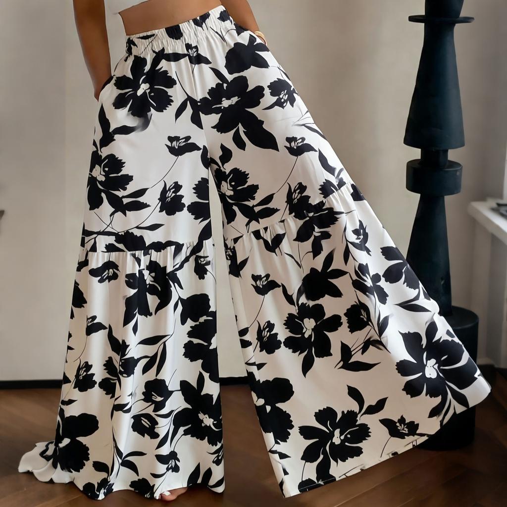 Women's High Waist Wide Leg Pants Loose Fit Lightweight Floral Print Casual Palazzo Trousers with Elastic Waistband and Side Pockets