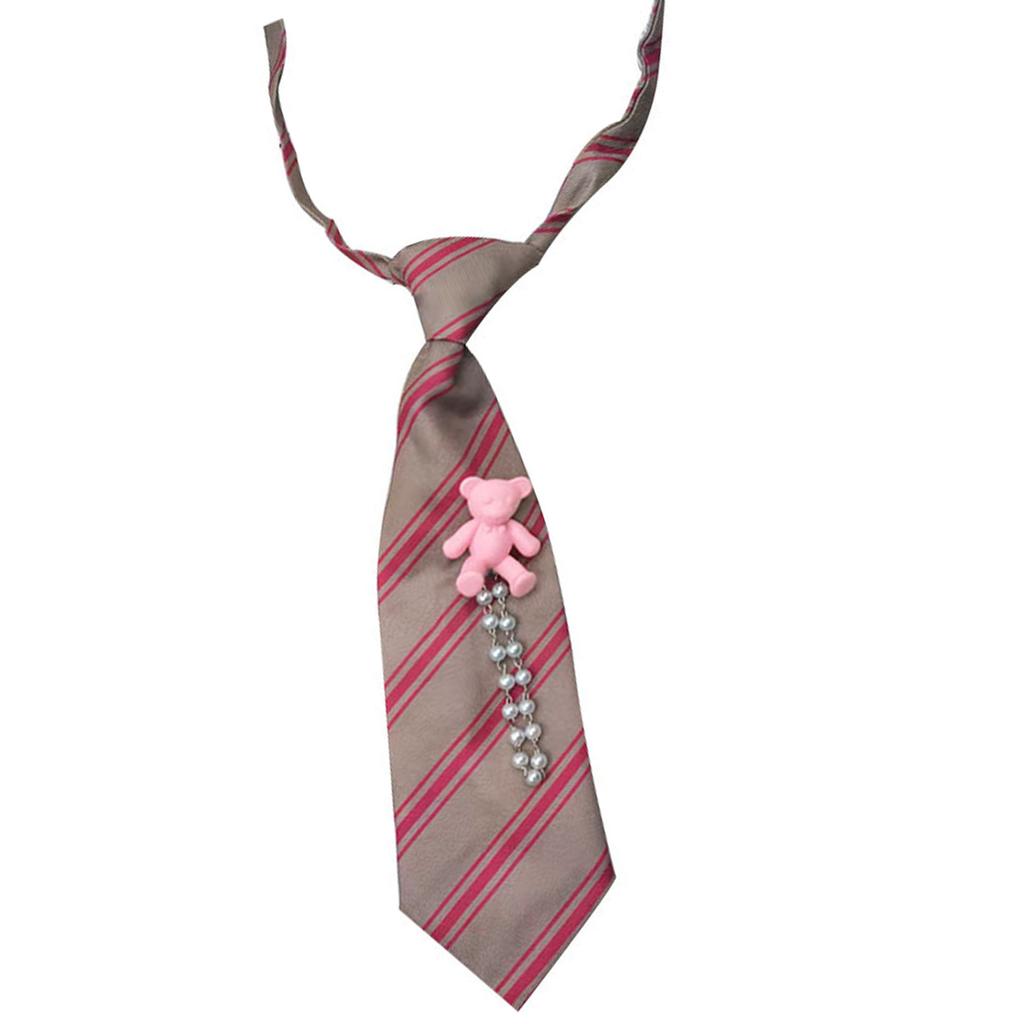Boys Girls Cute Bear Pearls Chain Striped Necktie Children School Uniform Adjustable Pre Tied Ties for Wedding Parties