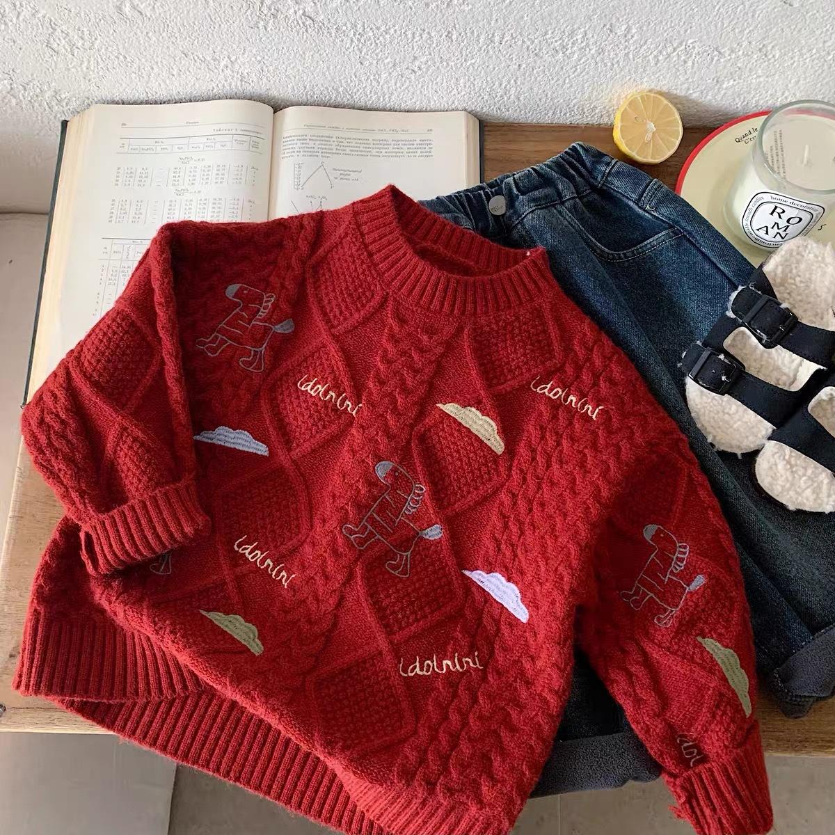 Kids Thick Red Knit Sweater for Boys and Girls Winter Festive Base Layer 80
