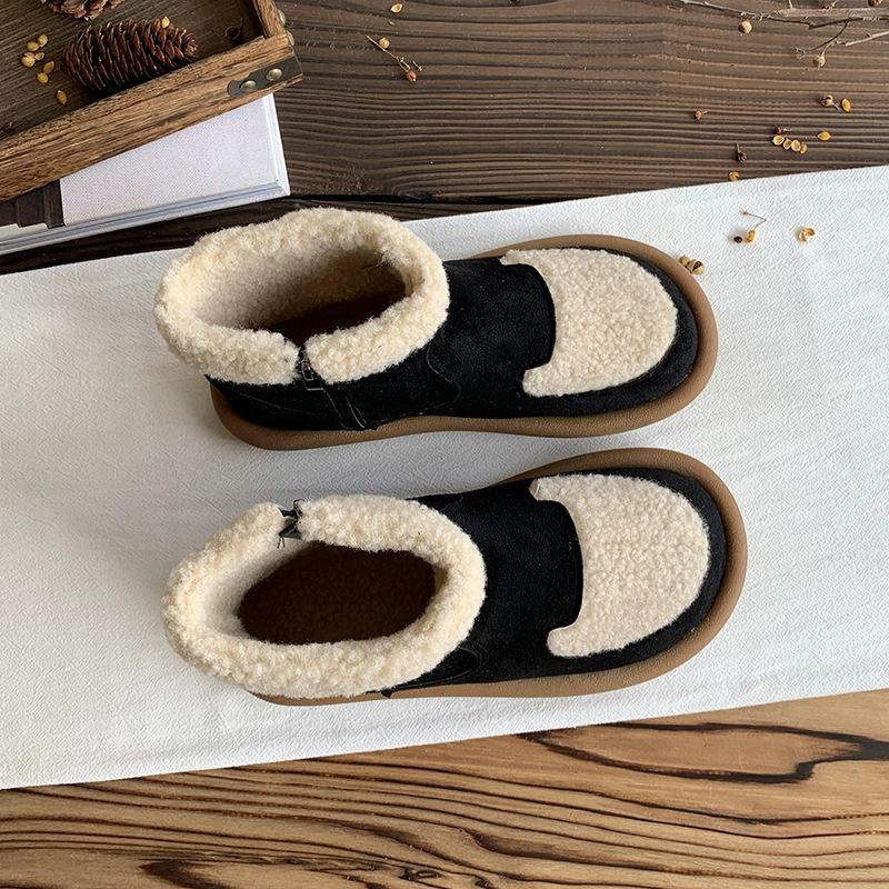 Rutschfeste Schneestiefel Damen Imitat Lammwolle Wildleder Kurze Stiefel Neue Flachboden Samt Baumwollschuhe Winter Warm Damen Schuhe