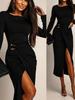 Elegant Retro Slim Fit Skirt with Waist Pleats & Metal Accents