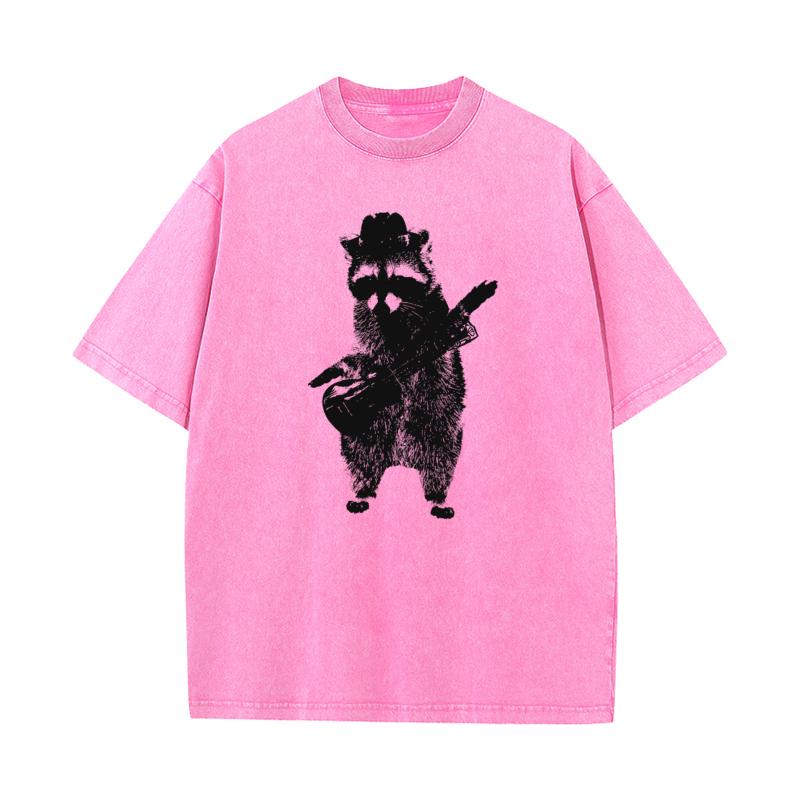 Raccoon Playing The Guitar Tops Tees Discount Crewneck Geek Short Sleeve All Cotton Male Washed T Shirt Slogan Washed Tees
