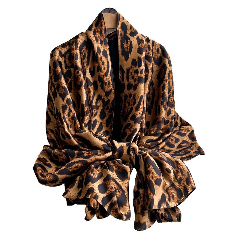 Summer Silk Scarf Women'S Outer Cover Decorative Leopard Print Beach Towel Imitation Silk Printing Long Scarf Lijing Forging Thin Shawl
