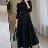 Women's Fashion Black Round Neck Long Sleeve Sexy Temperament Waist Slim Long Swing Skirt Dress
