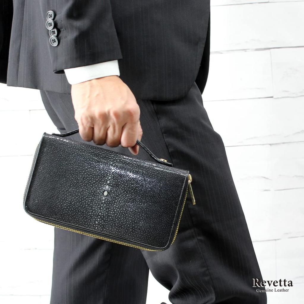 [Revetta] Stingray Leather Long Wallet, Large Capacity, Galuchat, Black, 40 Card Slots, Double Zipper Closure, Handle, Gold, Black, Men's, Genuine