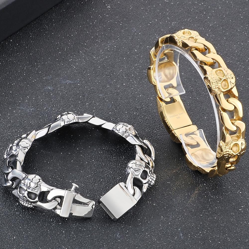 Punk Gothic Herrenarmbänder mit Totenkopf-Panzerkette, kubanische Kette, Herrenarmband für Männer, Edelstahl, Skelett-Schmuckzubehör
