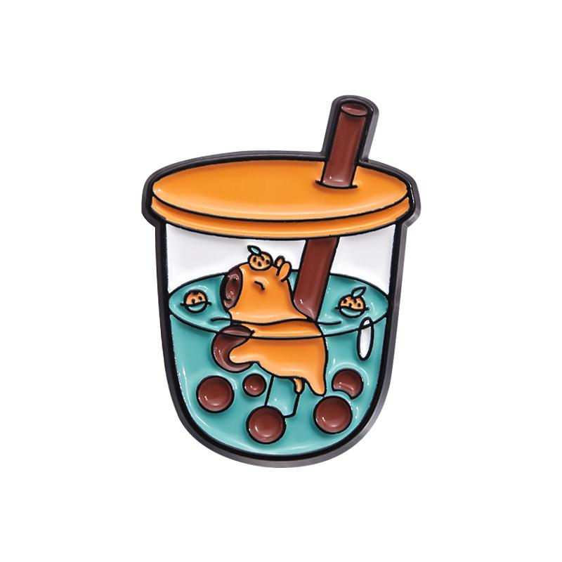 Cute Animal Milk Tea Enamel Pins Custom Salamander Capybara Frog Fox Brooches Lapel Badges Animal Jewelry Gift for Kids Friends