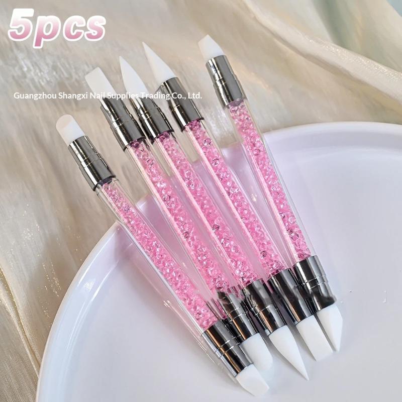 5Pcs/Set Pink Dual Ended Sculpture Pen Manicure Brush Rhinestone Nail Art Silicone Pen 3D Flower Carving Dotting Nail Tool белый